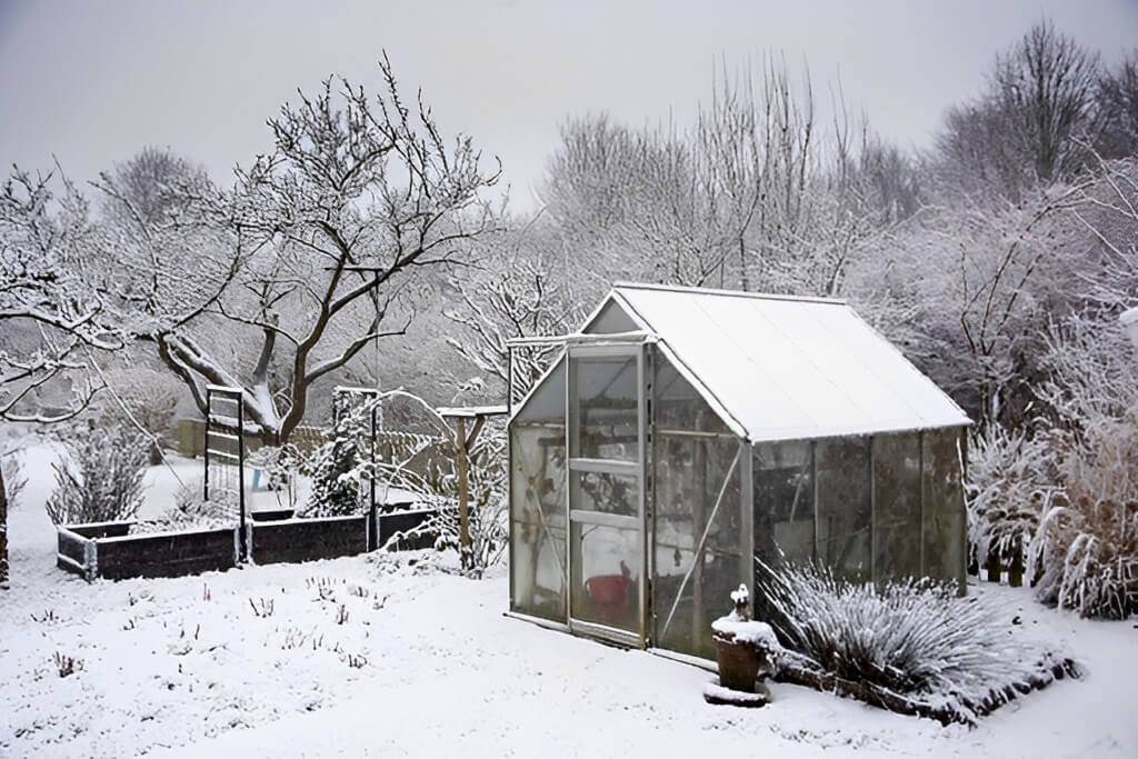 Small green house in winter.